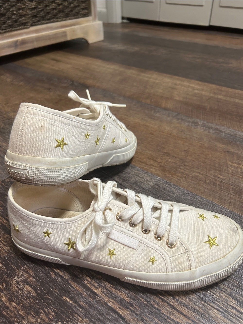 Superga Cream Canvas Sneakers with Gold Star Embroidery